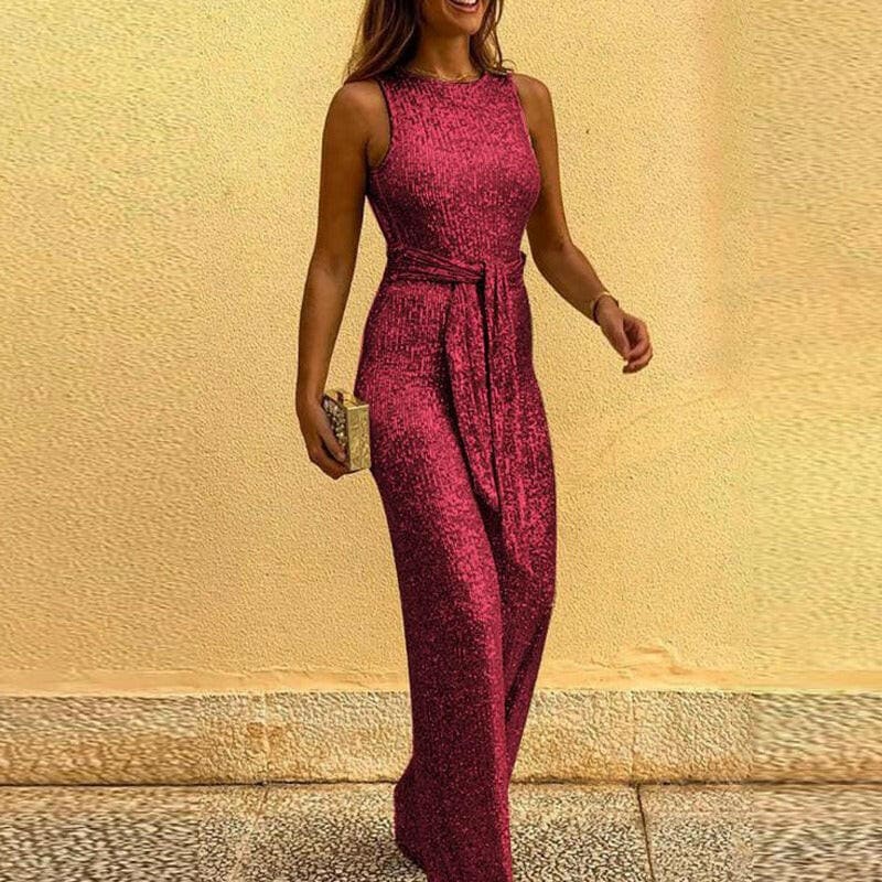 Stunning Round Neck Sleeveless Sequin Jumpsuit Wine red / S