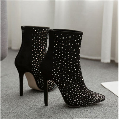 Ladies Suede Rhinestone Pointed Toe Short Boots Black / 35