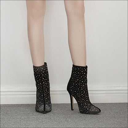 Ladies Suede Rhinestone Pointed Toe Short Boots