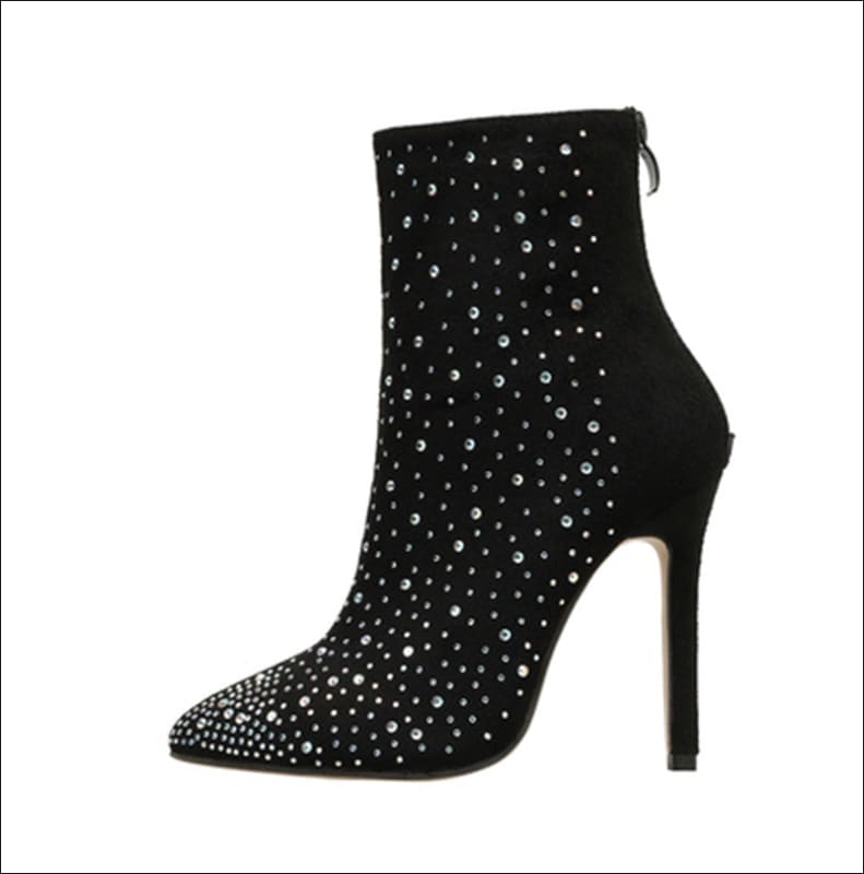 Ladies Suede Rhinestone Pointed Toe Short Boots