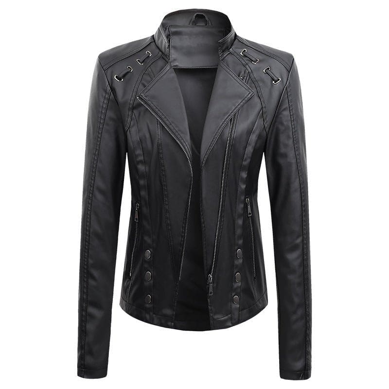 Ladies Vegan Leather Short Jacket in 5 Colors Black / S