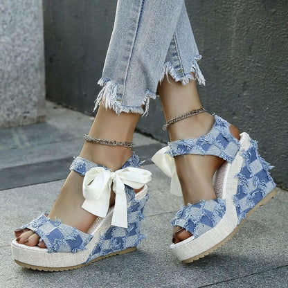 Ladies Wedge Peep Toe Bow Lace-up High Heel Platform Sandals