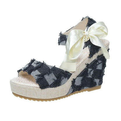 Ladies Wedge Peep Toe Bow Lace-up High Heel Platform Sandals