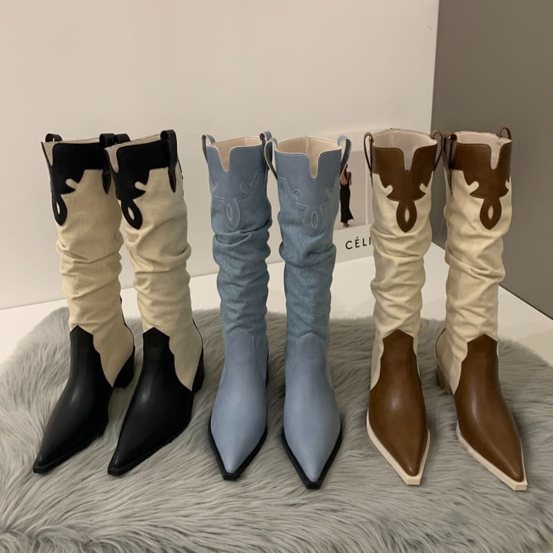 Three pairs of stylish cowboy boots in different colors and designs.