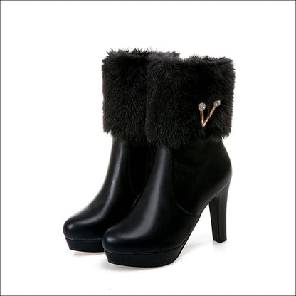 Ladies Winter Short Chunky Heel Fur Booties Black / 33