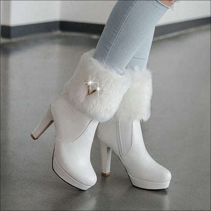 Ladies Winter Short Chunky Heel Fur Booties