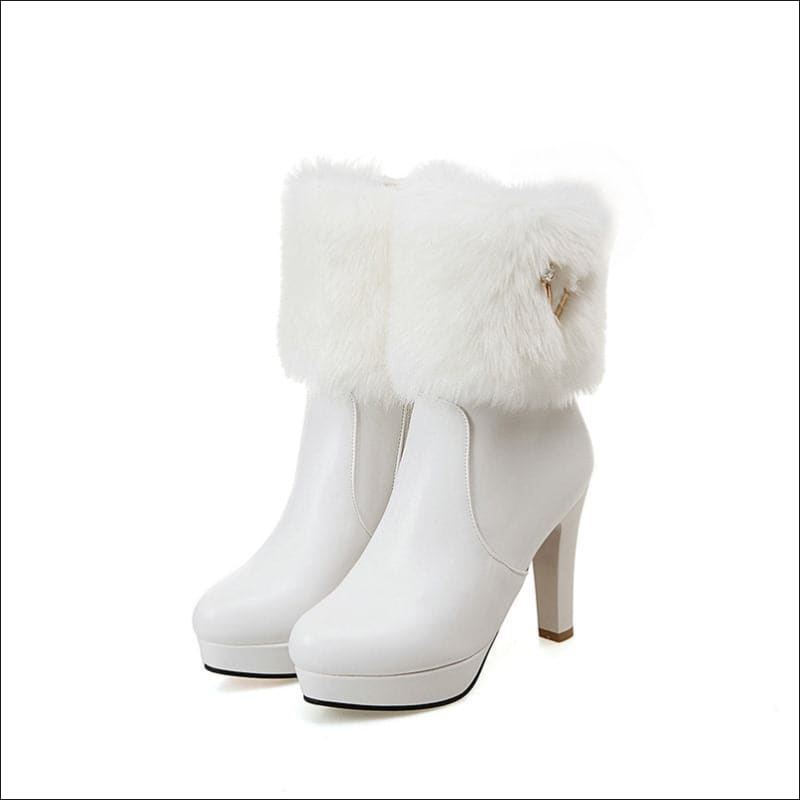 White high-heeled ankle boots with furry trim, perfect ladies winter short snow booties.