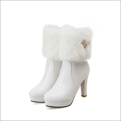 Ladies Winter Short Chunky Heel Fur Booties White / 33