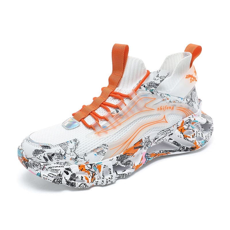 Stylish athletic sneaker with white upper, orange accents, and graffiti-patterned chunky sole.