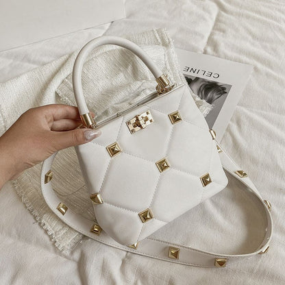 Large Capacity Bag Women’s Studded Bucket Handbag White