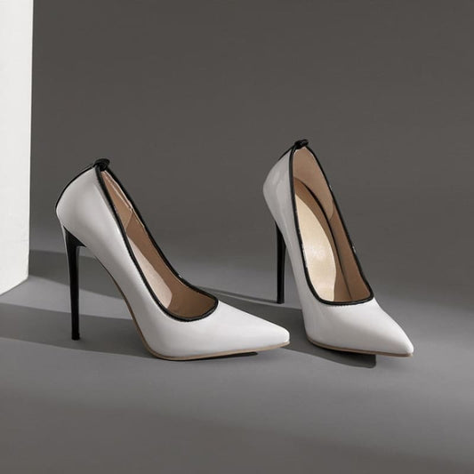 Pair of white high-heeled pumps with black stiletto heels.