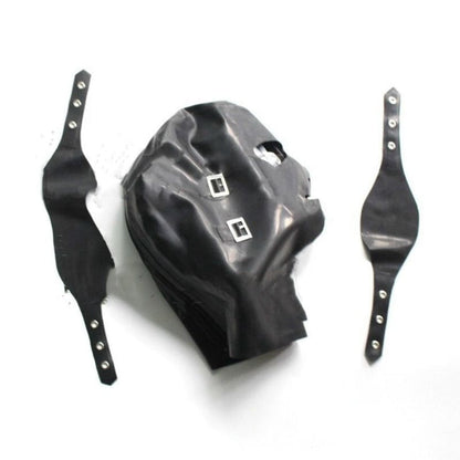 Black leather bondage hood with eye holes and accompanying straps.