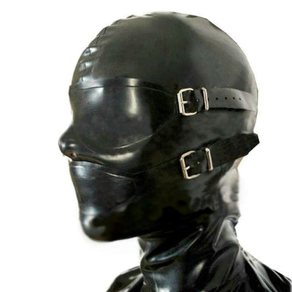 Black latex or rubber mask with buckled straps covering the eyes and mouth.