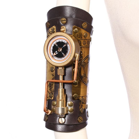 Steampunk-style leather arm bracer with brass gears, pipes, and a pressure gauge.