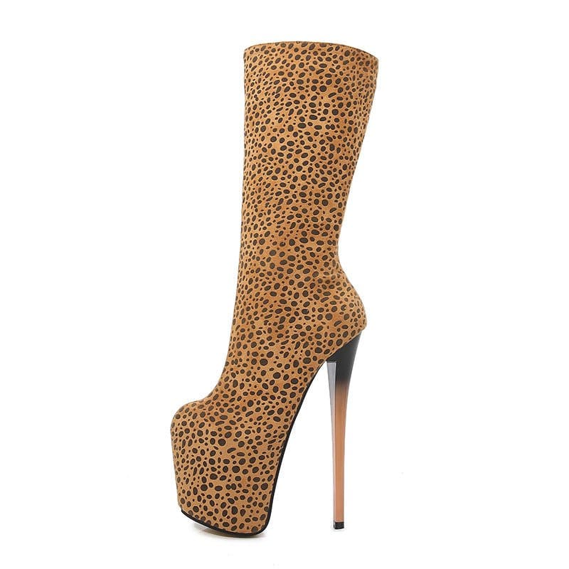 Leopard-print high-heeled platform boot with an extremely tall stiletto heel.