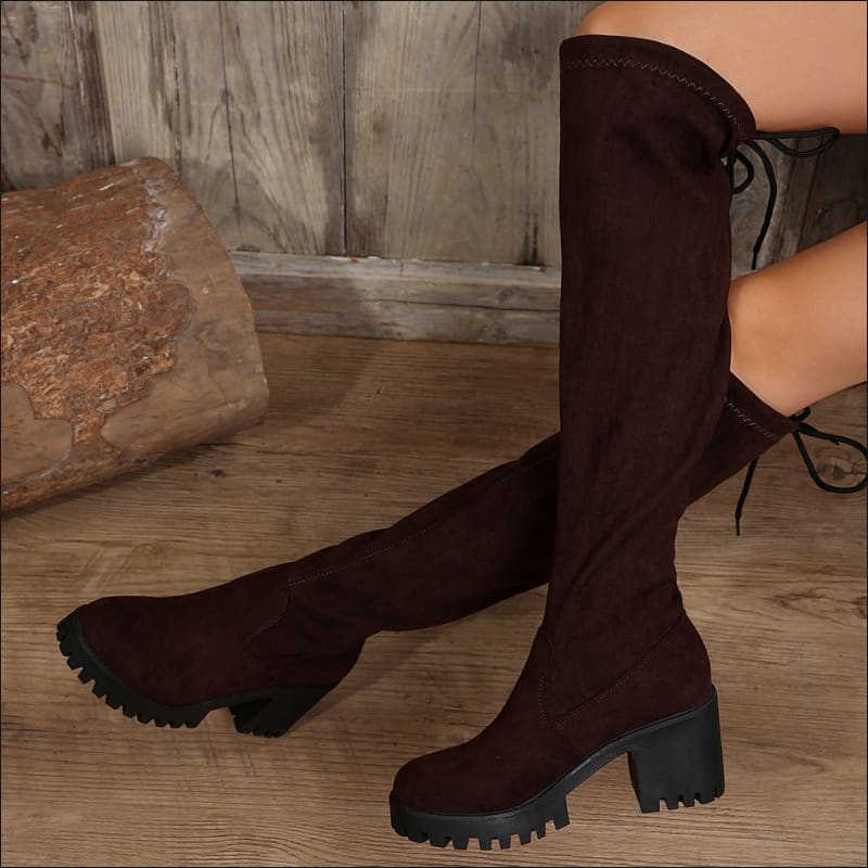 Leopard Print Knee Boots with Chunky Heels High heel brown