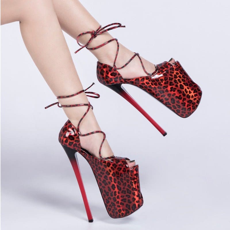Leopard print Super High 22cm Stiletto Heel Open Toe Sandals In Plus Sizes - Pleasures and Sins