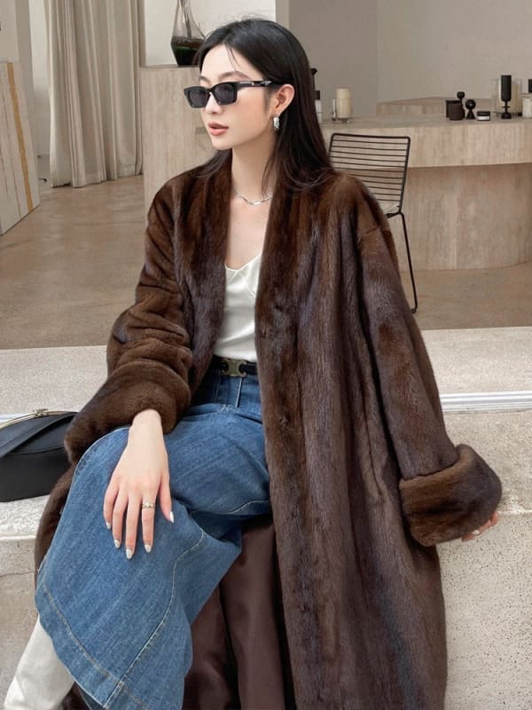 Long Elegant Luxury Warm Soft Brown Faux Mink Coat brown / S