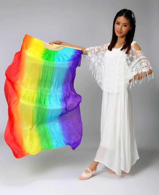 Rainbow Gay Pride Long Silk Bamboo Folding Fan For Stage