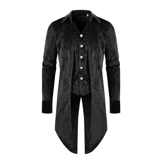 Black velvet tailcoat with silver buttons and a high collar.