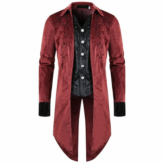 Burgundy velvet tailcoat with black trim and ornate button detailing.