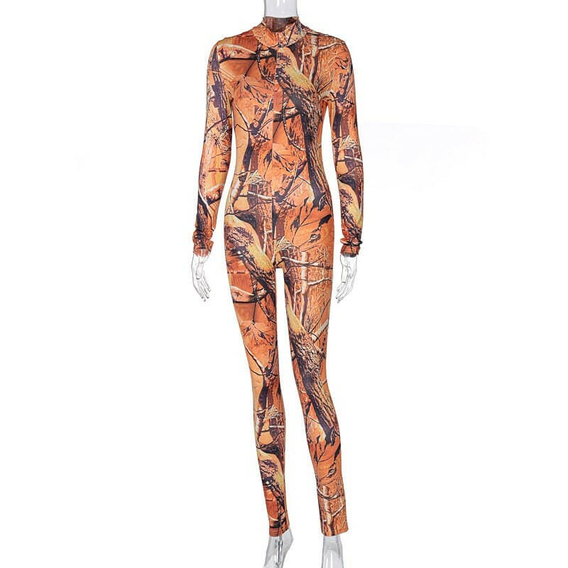 Long Sleeve Print Zip Skinny Bodycon Jumpsuit Women