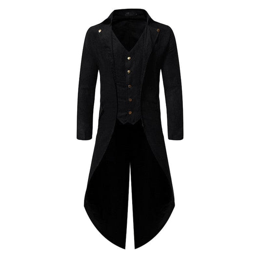 Black tailcoat jacket with buttons and a long back.