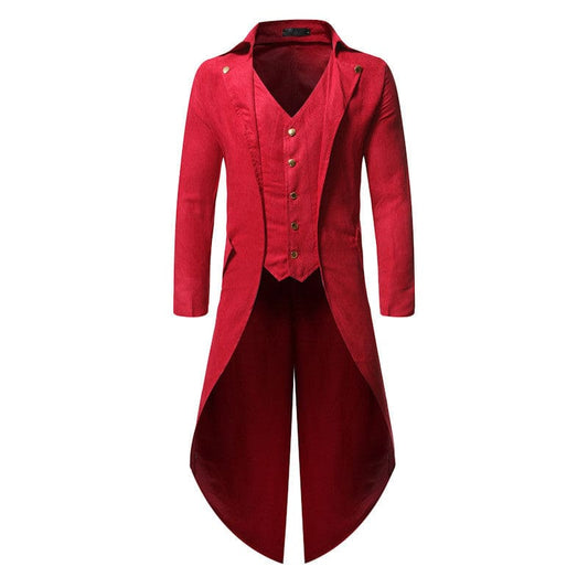 Red tailcoat jacket with a matching waistcoat.