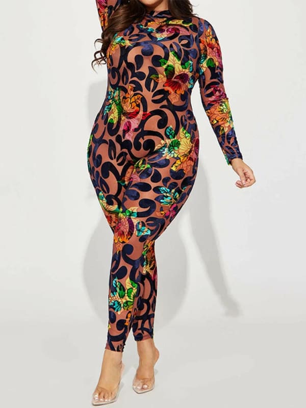 Long Sleeved Printed Multi-Color Patterned Bodycon Jumpsuit