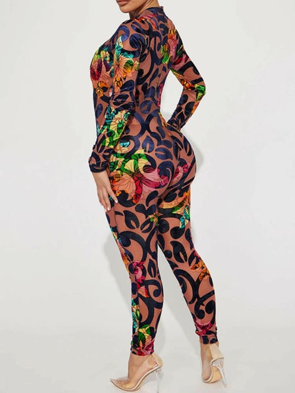 Long Sleeved Printed Multi-Color Patterned Bodycon Jumpsuit