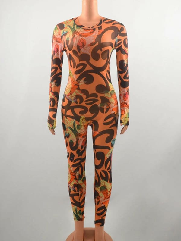 Long Sleeved Printed Multi-Color Patterned Bodycon Jumpsuit