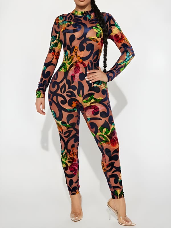 Long Sleeved Printed Multi-Color Patterned Bodycon Jumpsuit