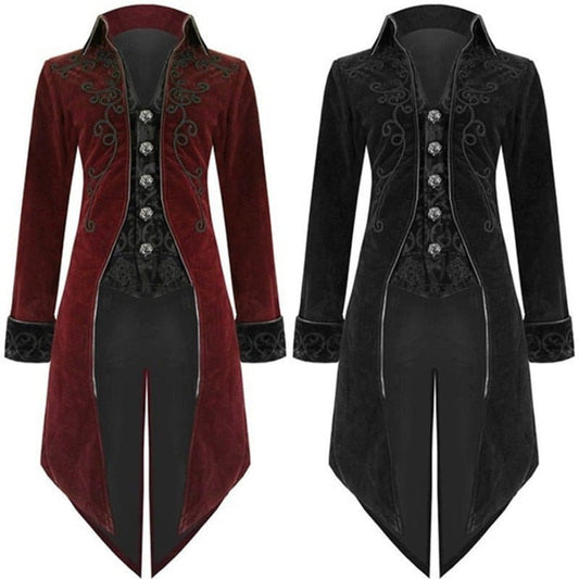 Gothic-style tailcoats with ornate embroidery and button detailing in burgundy and black colors.