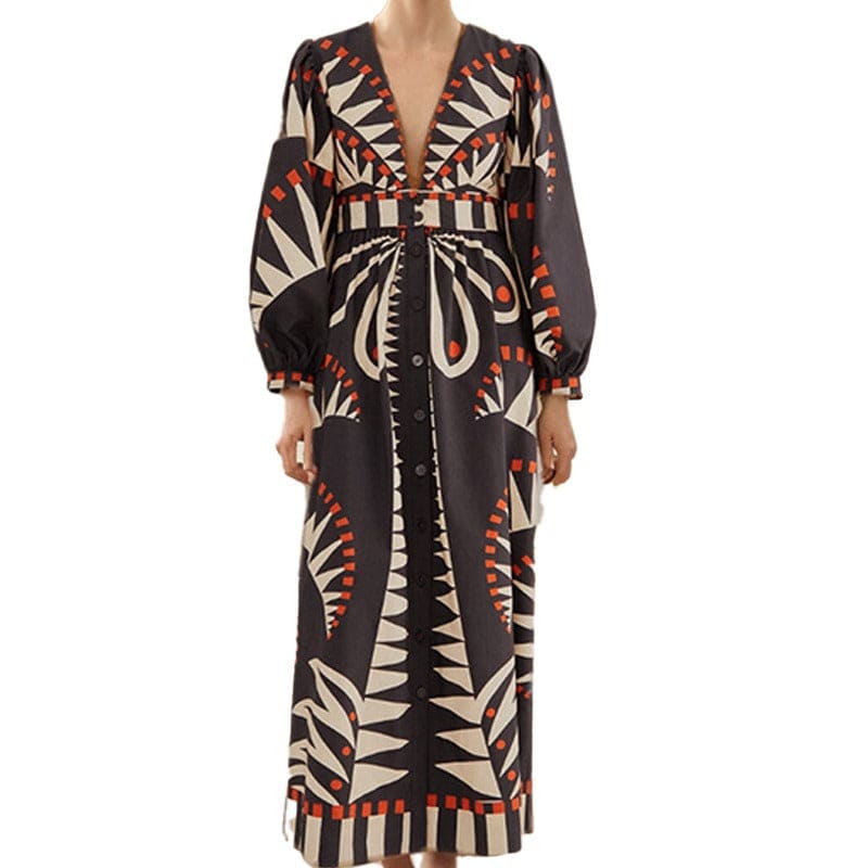 Long V Neck Dress with Classical Style Print