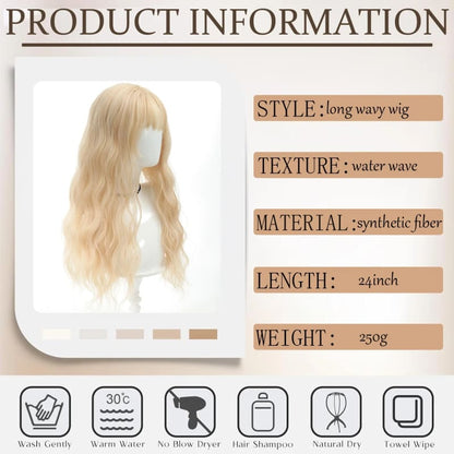 Long Wavy 24 Inch Synthetic Wig with Bangs Heat Resistant