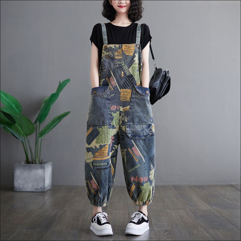 Loose Fit Retro Printed Denim Dungarees for You blue / M