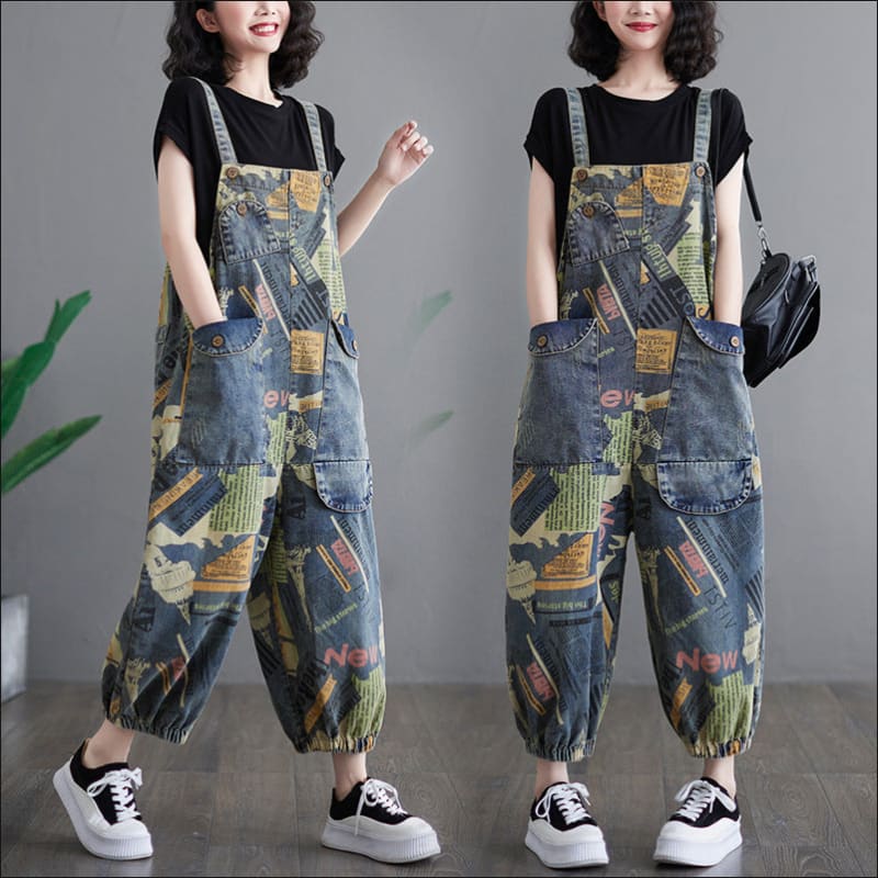 Loose Fit Retro Printed Denim Dungarees