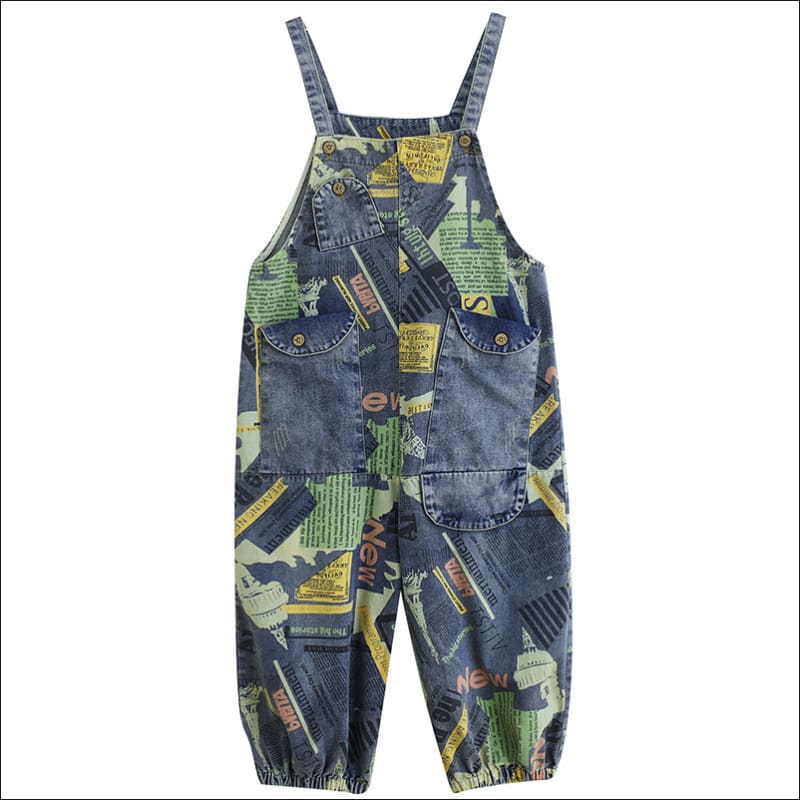 Loose Fit Retro Printed Denim Dungarees