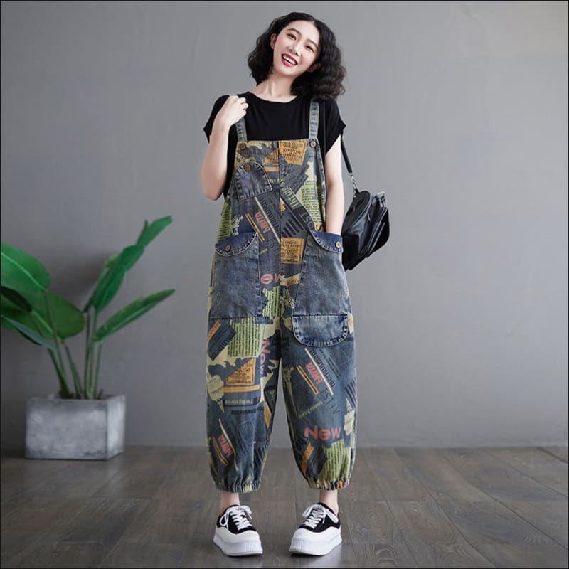 Loose Fit Retro Printed Denim Dungarees