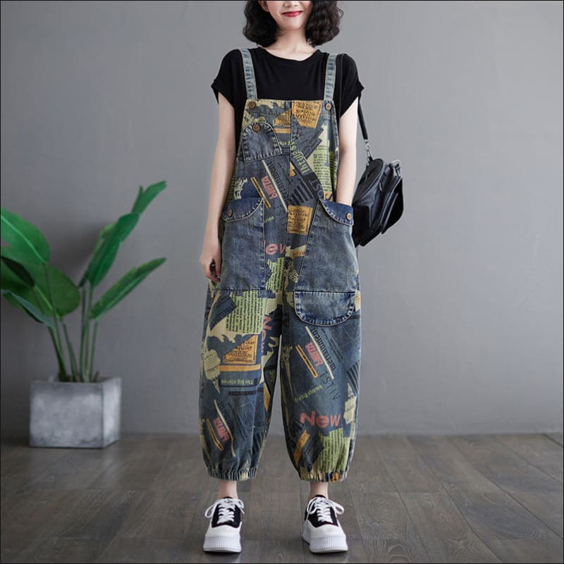 Loose Fit Retro Printed Denim Dungarees