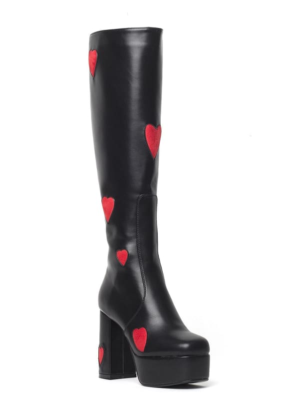 Black knee-high platform boot with red heart designs.