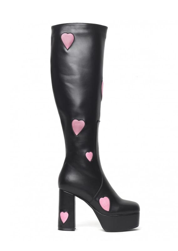 Black knee-high platform boot with pink heart cutouts.