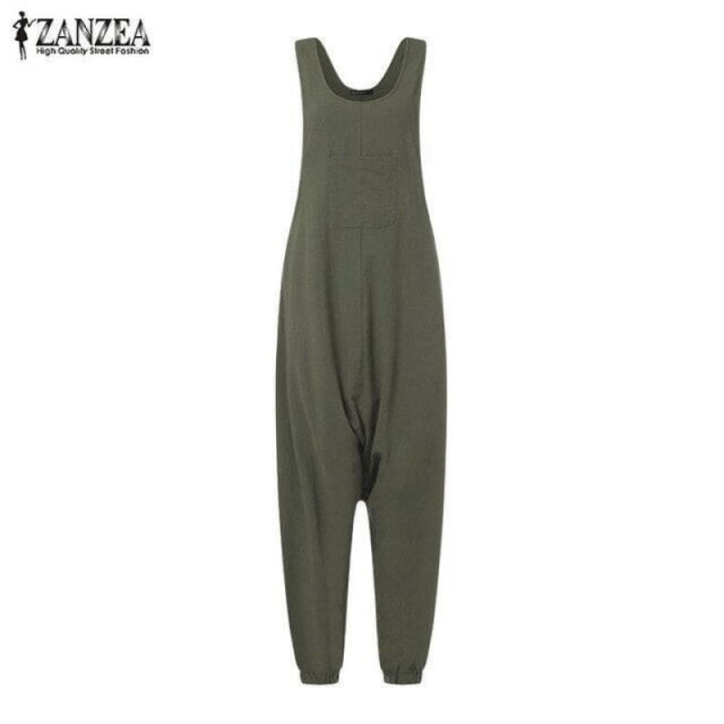 Olive green sleeveless jumpsuit with a loose, tapered leg design.