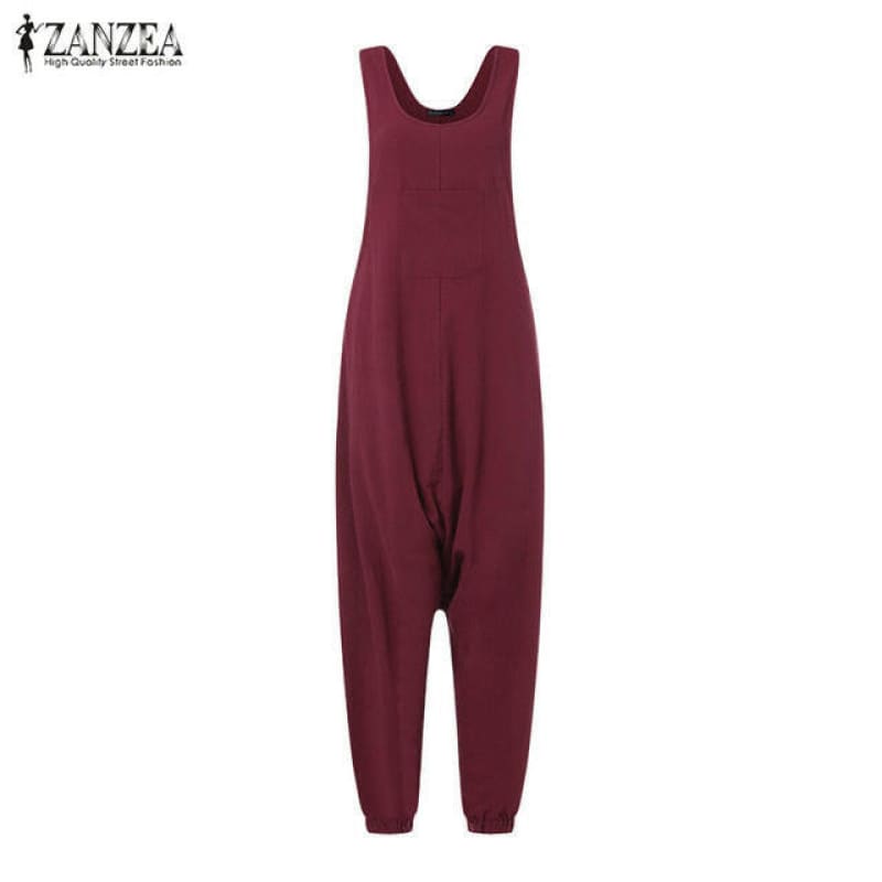 Burgundy sleeveless jumpsuit with a loose, tapered leg design.