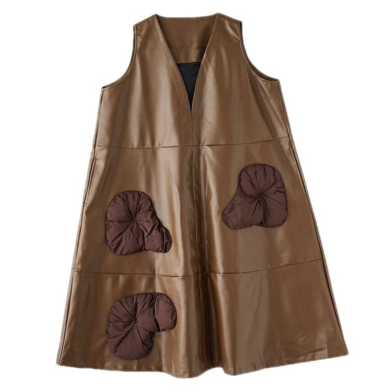 Sleeveless brown leather dress with decorative floral appliques on the lower half.