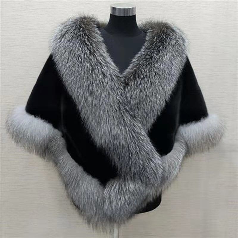 Luxurious fur-trimmed black shawl or wrap with gray fur accents.