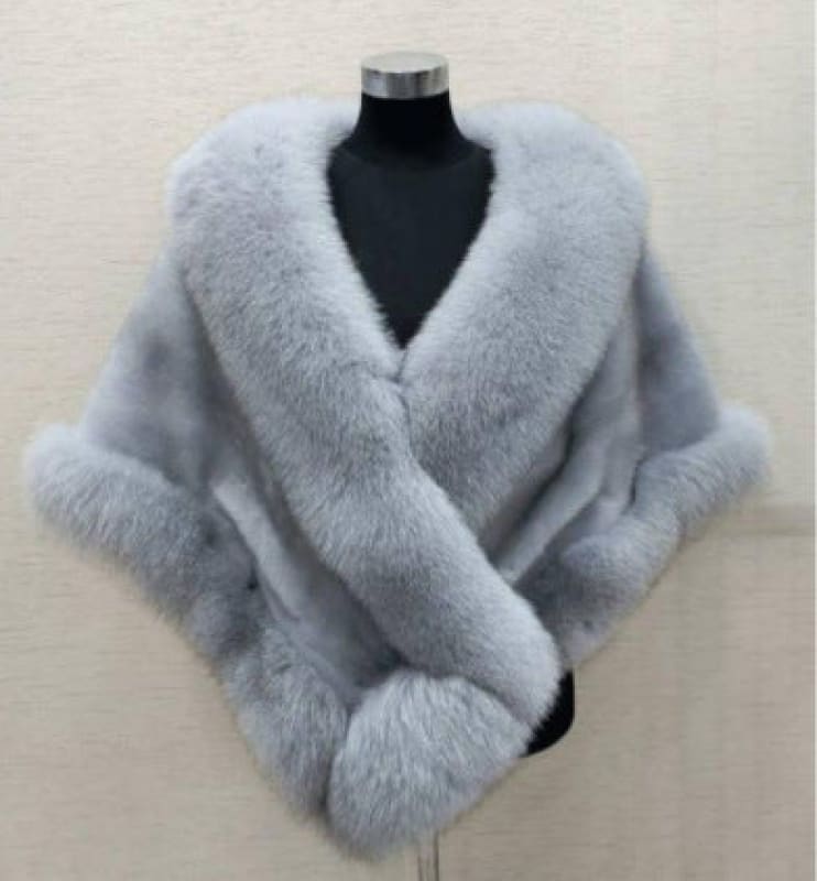 Luxurious light gray fur wrap with a plush collar.