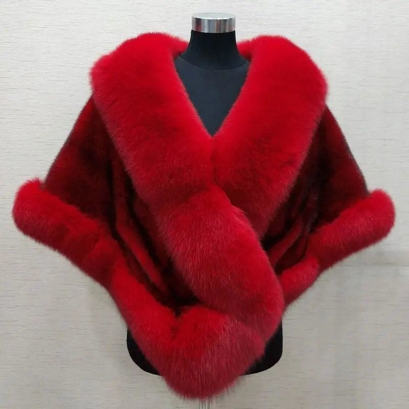 Luxurious red fur wrap with a plush collar and trim.