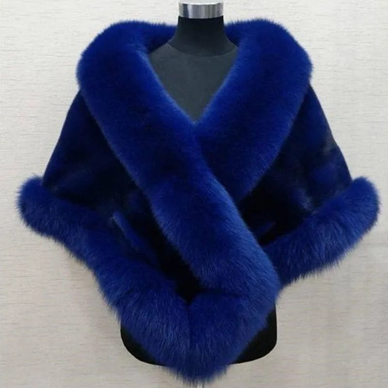 Luxurious blue fur wrap or shawl with a plush collar.