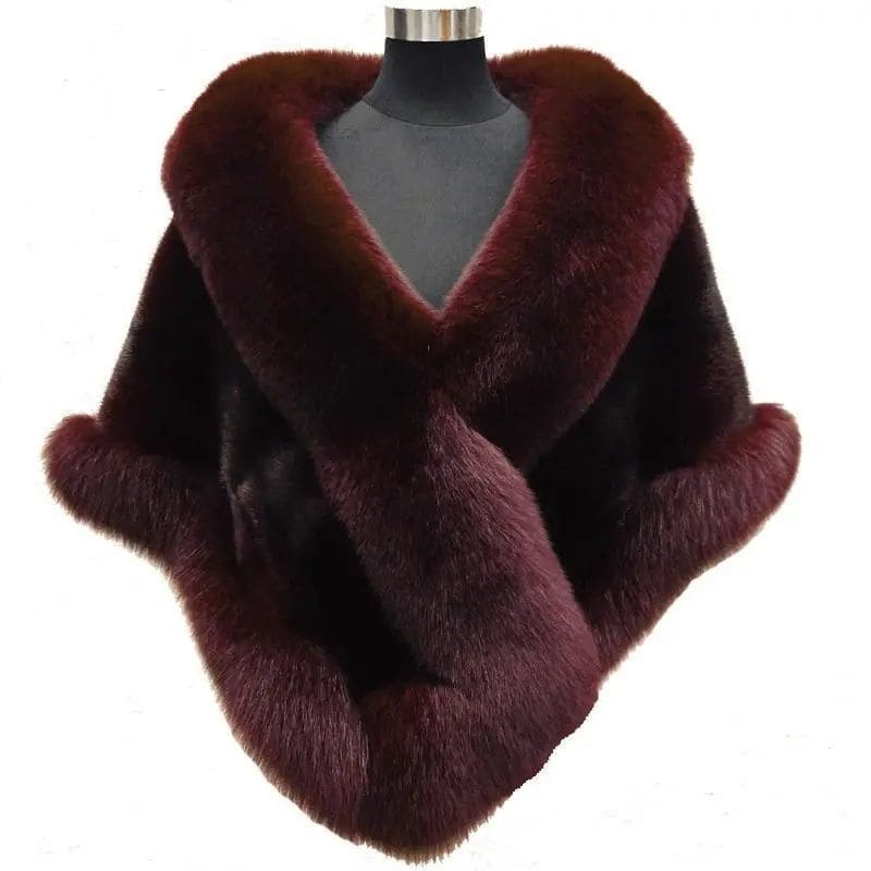 Luxurious burgundy fur wrap or stole with a plush collar and trim.